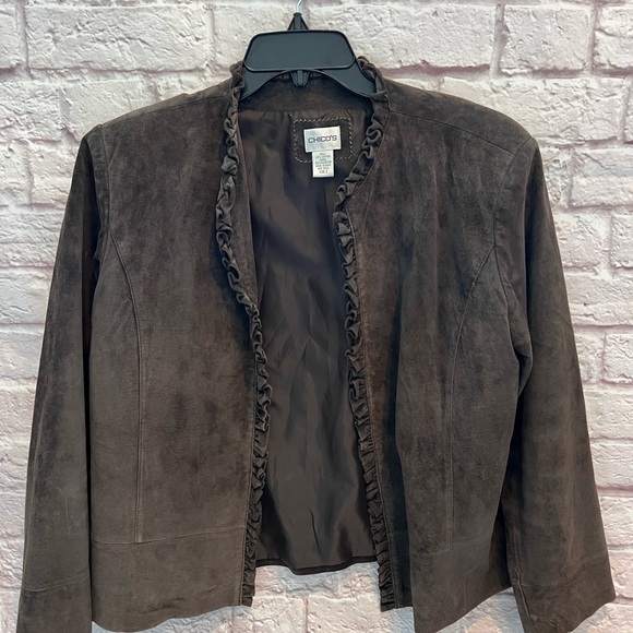 Chico’s women’s suede brown open front ruffle jacket EXCELLENT - Picture 2 of 10